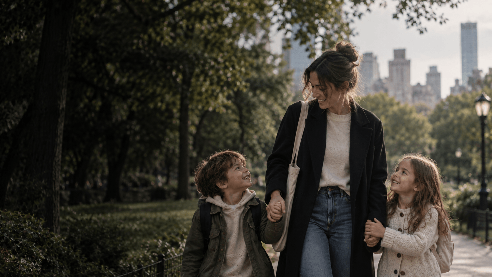 A mother smiling at her two children on a walk through a city park
