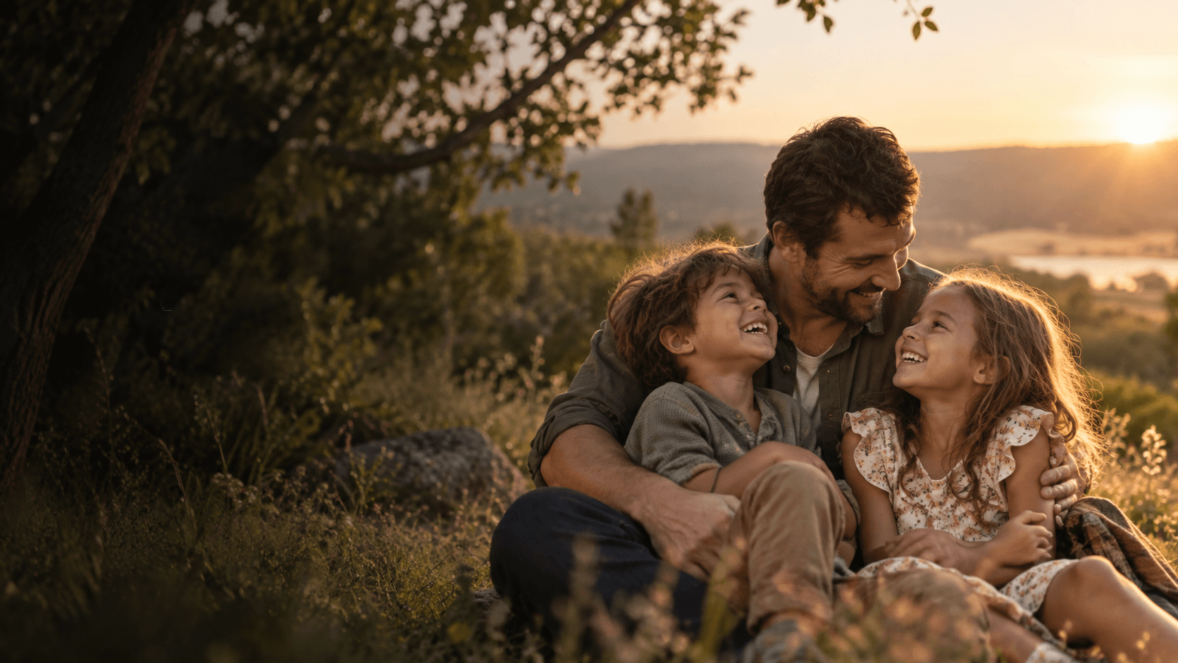 A father laughing with his two children on a hillside at sunset